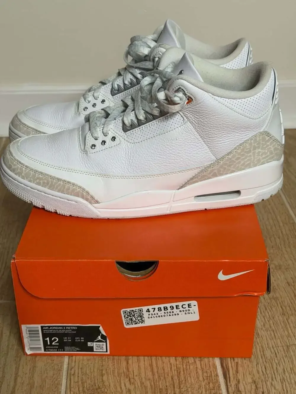 Air Jordan 3 Retro Pure Money White Metallic Silver Size 12 CT8532-111